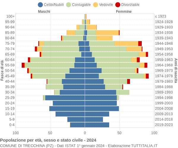 Grafico Popolazione per età, sesso e stato civile Comune di Trecchina (PZ)