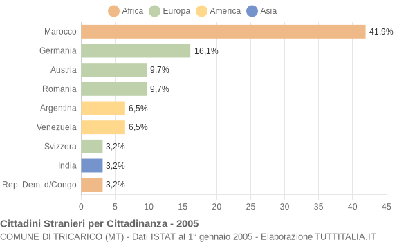 Grafico cittadinanza stranieri - Tricarico 2005