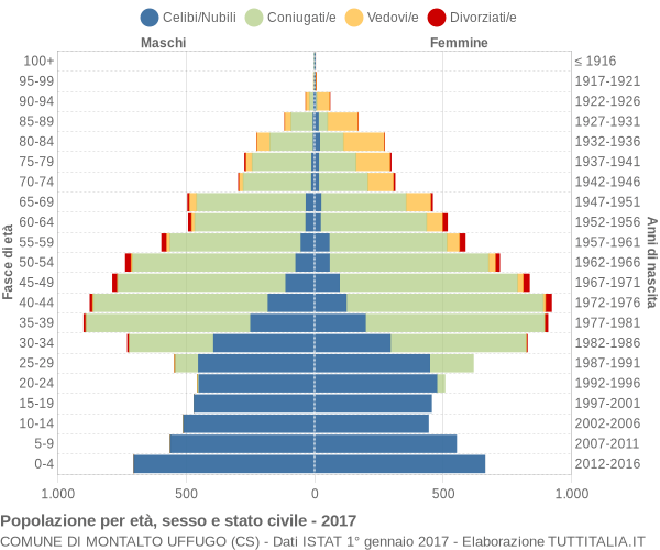 Grafico Popolazione per età, sesso e stato civile Comune di Montalto Uffugo (CS)