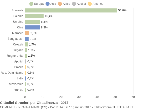 Grafico cittadinanza stranieri - Praia a Mare 2017