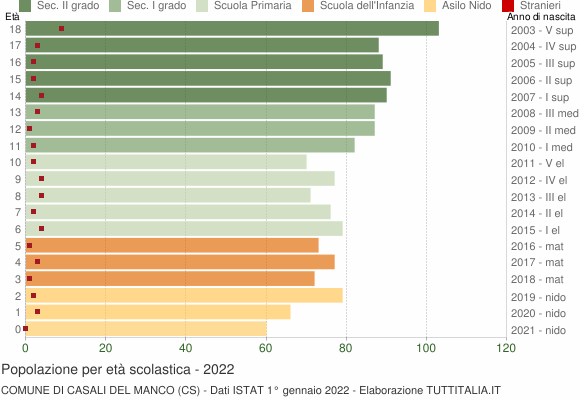 Grafico Popolazione in età scolastica - Casali del Manco 2022