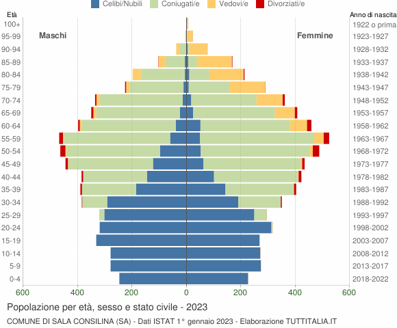 Grafico Popolazione per età, sesso e stato civile Comune di Sala Consilina (SA)