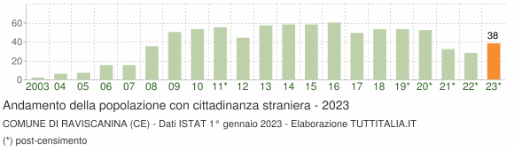 Grafico andamento popolazione stranieri Comune di Raviscanina (CE)