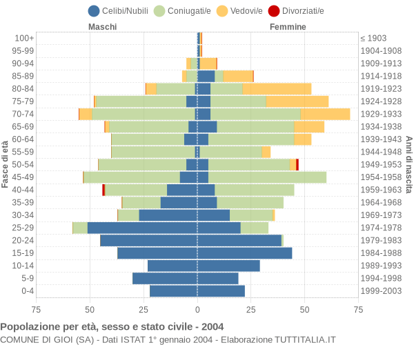 Grafico Popolazione per età, sesso e stato civile Comune di Gioi (SA)