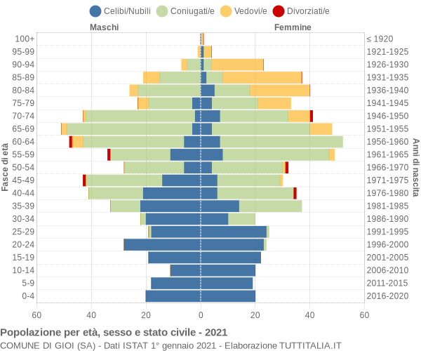 Grafico Popolazione per età, sesso e stato civile Comune di Gioi (SA)