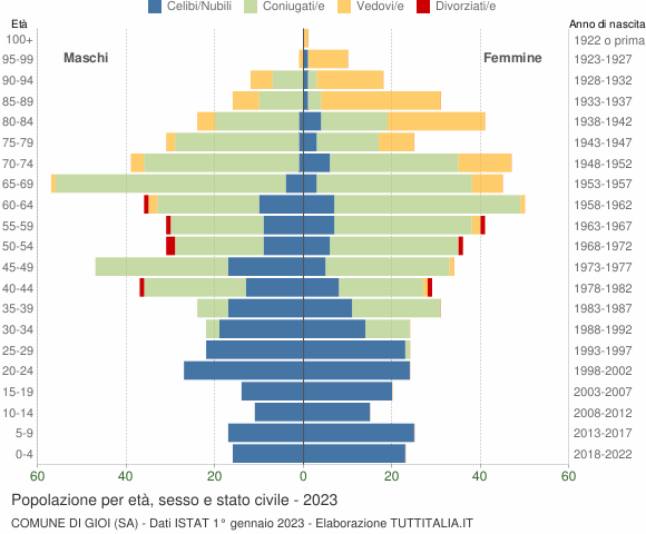 Grafico Popolazione per età, sesso e stato civile Comune di Gioi (SA)