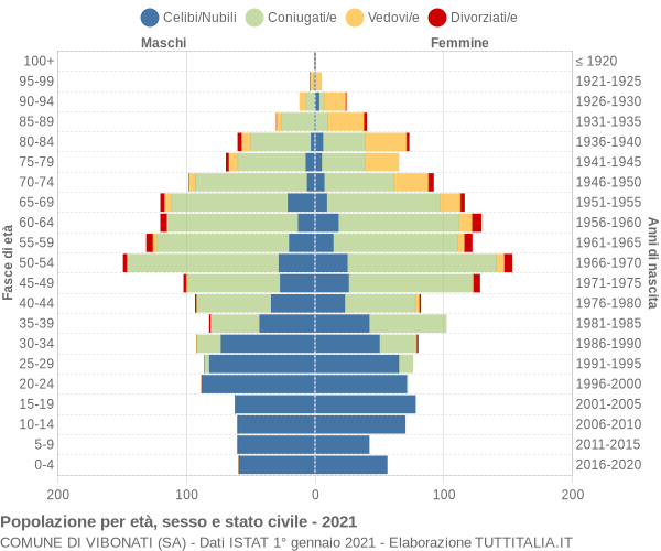 Grafico Popolazione per età, sesso e stato civile Comune di Vibonati (SA)