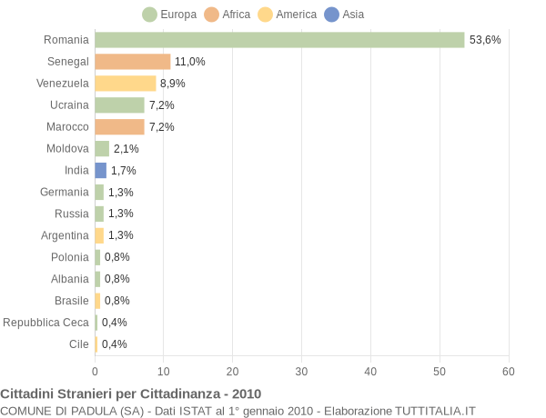 Grafico cittadinanza stranieri - Padula 2010