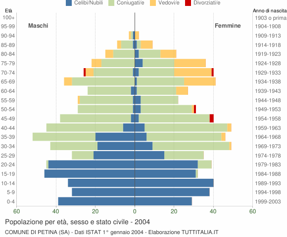 Grafico Popolazione per età, sesso e stato civile Comune di Petina (SA)