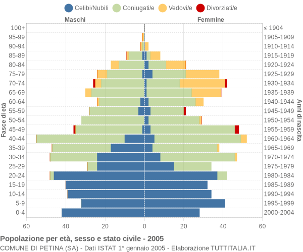 Grafico Popolazione per età, sesso e stato civile Comune di Petina (SA)