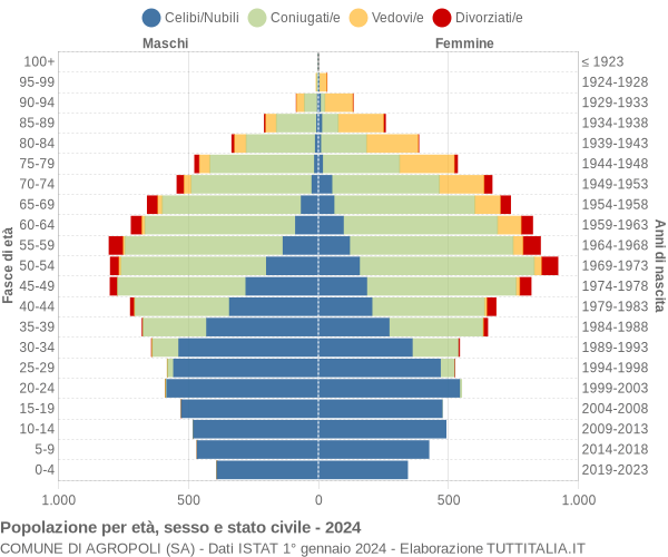 Grafico Popolazione per età, sesso e stato civile Comune di Agropoli (SA)