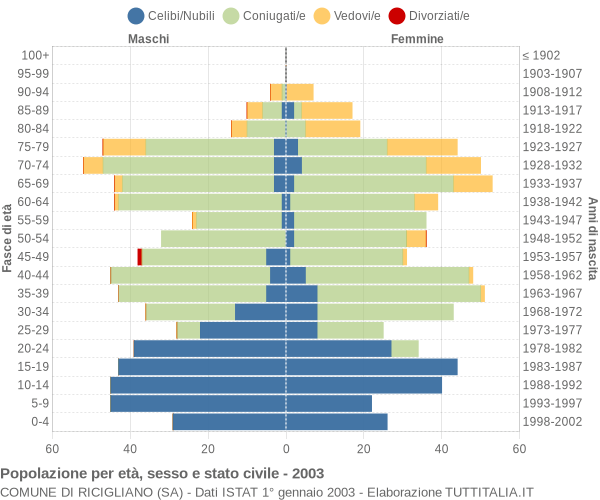 Grafico Popolazione per età, sesso e stato civile Comune di Ricigliano (SA)