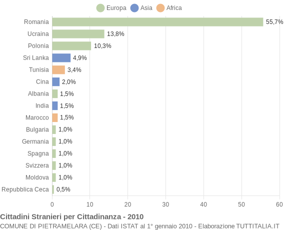 Grafico cittadinanza stranieri - Pietramelara 2010