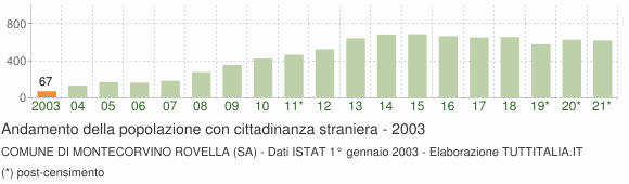 Grafico andamento popolazione stranieri Comune di Montecorvino Rovella (SA)