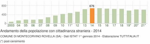 Grafico andamento popolazione stranieri Comune di Montecorvino Rovella (SA)