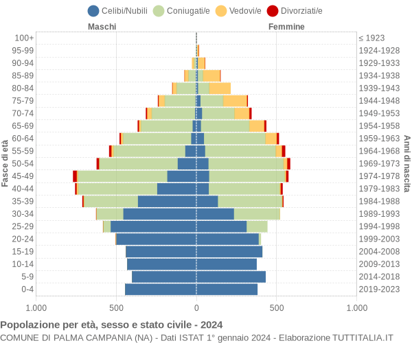 Grafico Popolazione per età, sesso e stato civile Comune di Palma Campania (NA)