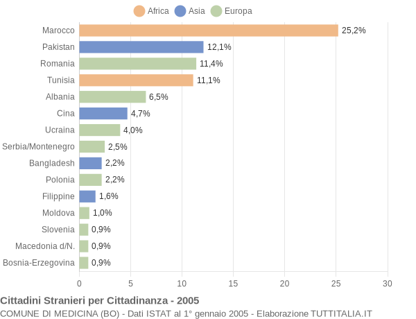 Grafico cittadinanza stranieri - Medicina 2005