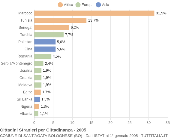 Grafico cittadinanza stranieri - Sant'Agata Bolognese 2005