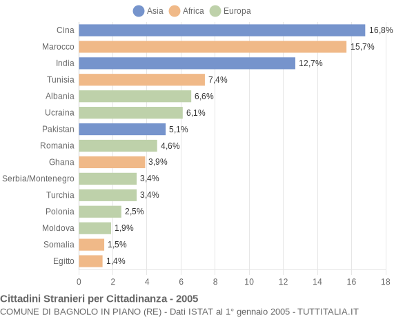 Grafico cittadinanza stranieri - Bagnolo in Piano 2005