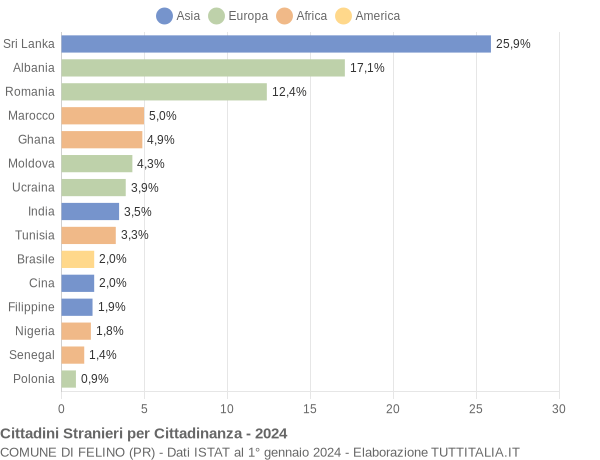 Grafico cittadinanza stranieri - Felino 2024