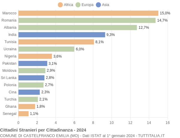 Grafico cittadinanza stranieri - Castelfranco Emilia 2024