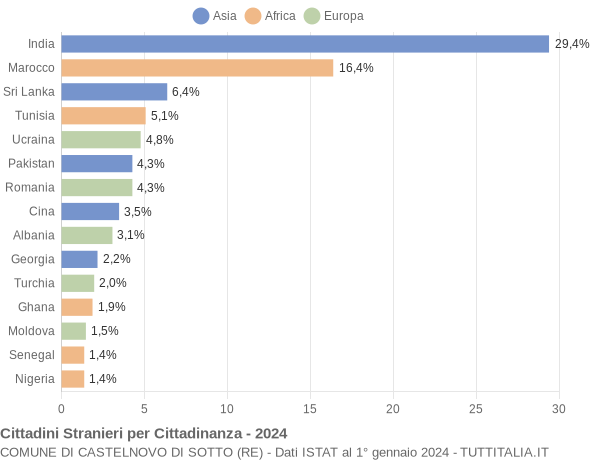 Grafico cittadinanza stranieri - Castelnovo di Sotto 2024