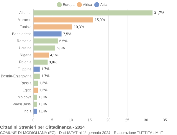 Grafico cittadinanza stranieri - Modigliana 2024