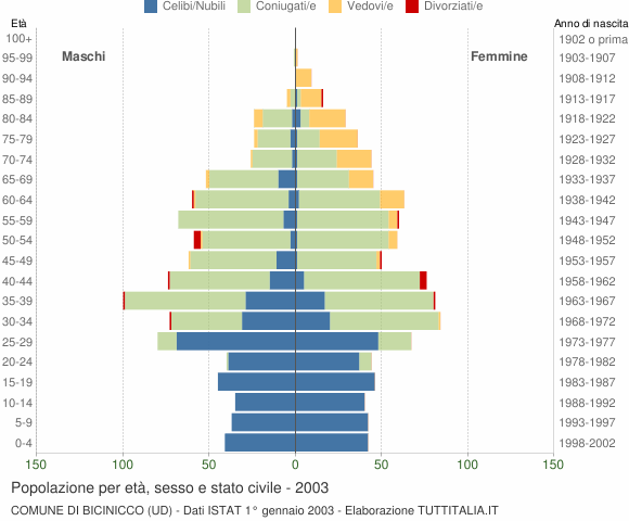 Grafico Popolazione per età, sesso e stato civile Comune di Bicinicco (UD)