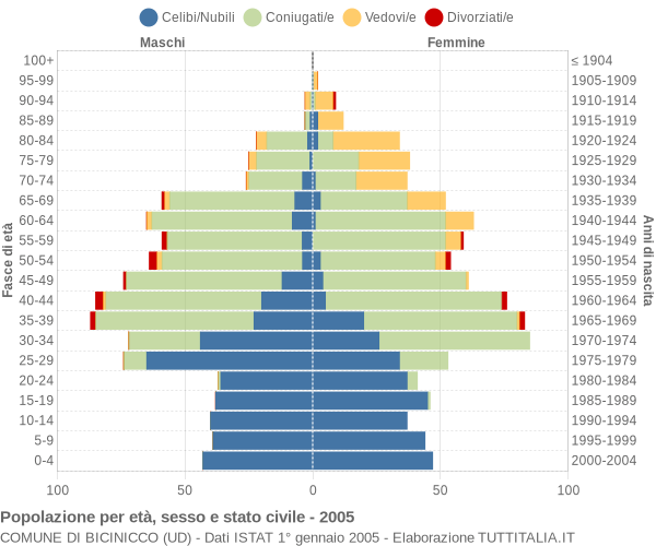 Grafico Popolazione per età, sesso e stato civile Comune di Bicinicco (UD)