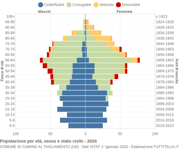 Grafico Popolazione per età, sesso e stato civile Comune di Camino al Tagliamento (UD)