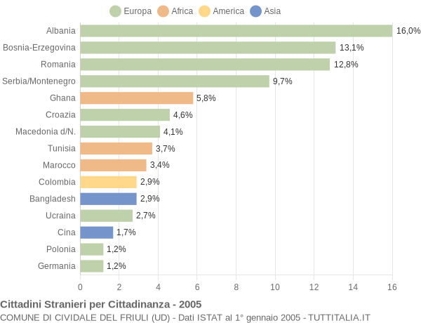 Grafico cittadinanza stranieri - Cividale del Friuli 2005