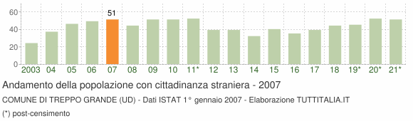 Grafico andamento popolazione stranieri Comune di Treppo Grande (UD)