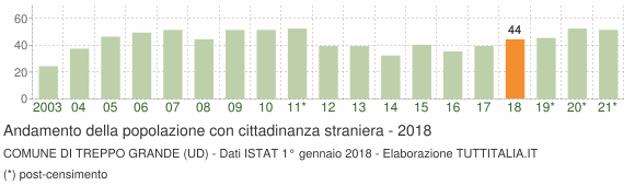 Grafico andamento popolazione stranieri Comune di Treppo Grande (UD)