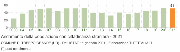 Grafico andamento popolazione stranieri Comune di Treppo Grande (UD)