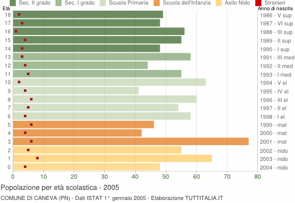 Grafico Popolazione in età scolastica - Caneva 2005