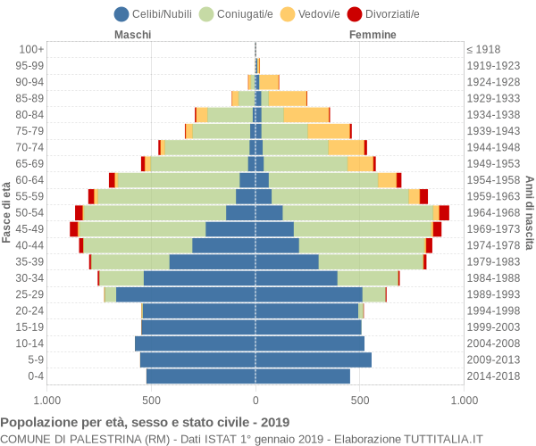 Grafico Popolazione per età, sesso e stato civile Comune di Palestrina (RM)