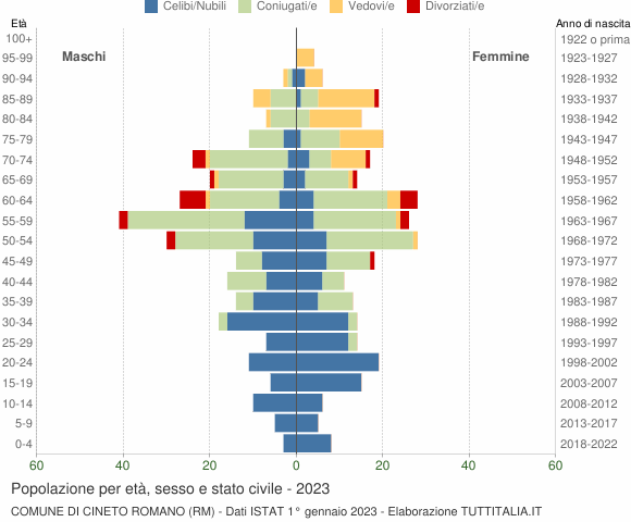Grafico Popolazione per età, sesso e stato civile Comune di Cineto Romano (RM)