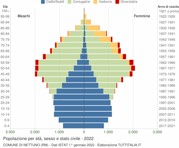 Grafico Popolazione per età, sesso e stato civile Comune di Nettuno (RM)
