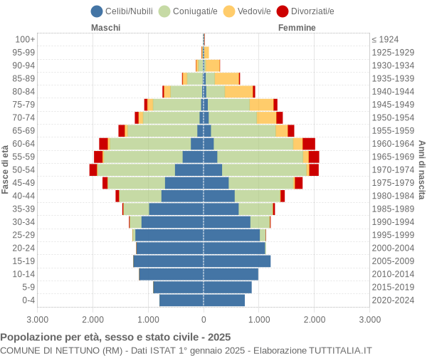 Grafico Popolazione per età, sesso e stato civile Comune di Nettuno (RM)