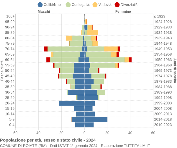 Grafico Popolazione per età, sesso e stato civile Comune di Roiate (RM)