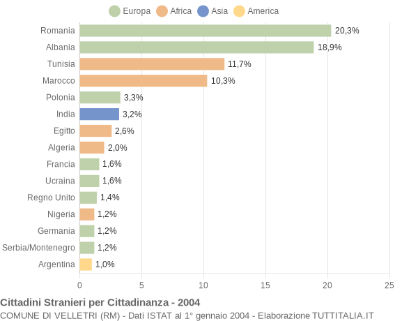 Grafico cittadinanza stranieri - Velletri 2004