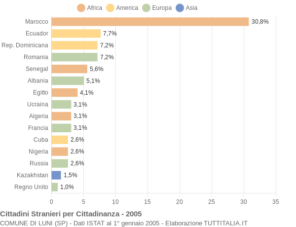 Grafico cittadinanza stranieri - Luni 2005