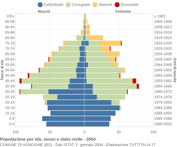 Grafico Popolazione per età, sesso e stato civile Comune di Agnosine (BS)