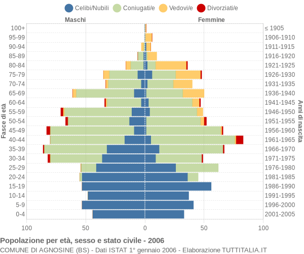 Grafico Popolazione per età, sesso e stato civile Comune di Agnosine (BS)