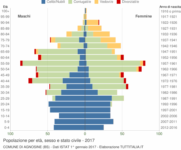 Grafico Popolazione per età, sesso e stato civile Comune di Agnosine (BS)