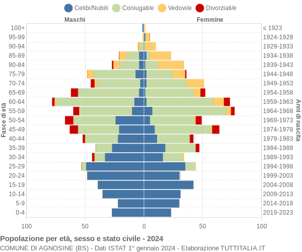 Grafico Popolazione per età, sesso e stato civile Comune di Agnosine (BS)