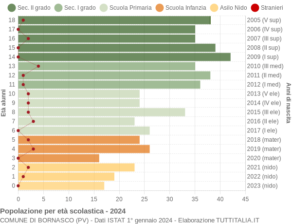 Grafico Popolazione in età scolastica - Bornasco 2024