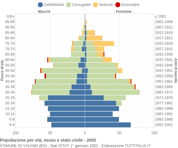 Grafico Popolazione per età, sesso e stato civile Comune di Visano (BS)