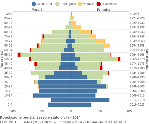 Grafico Popolazione per età, sesso e stato civile Comune di Visano (BS)