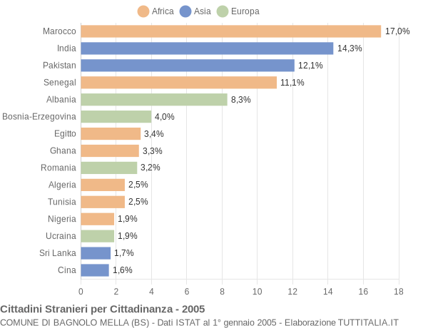 Grafico cittadinanza stranieri - Bagnolo Mella 2005